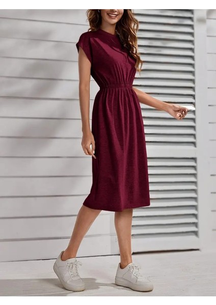Kadın Kısa Kollu Bisiklet Yaka Belden Lastikli Midi Viskon Elbise fiyatları