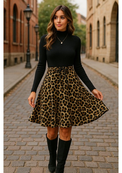 Kadın Uzun Kollu Balıkçı Yaka Belden Bağlamalı Üst Kaşkorse Eteği Dalgıç Elbise