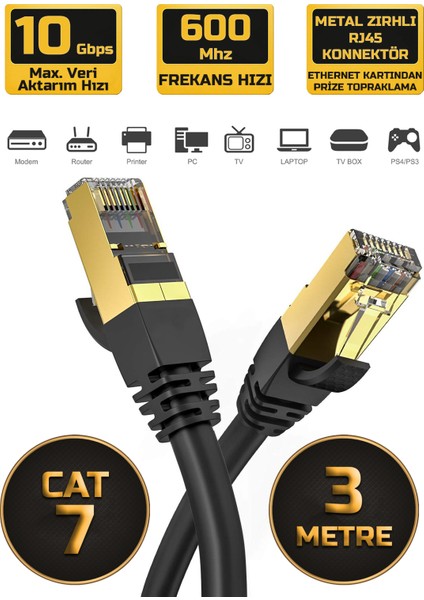 Cat 7 Ethernet Kablosu 10 Gigabit/s 600 Mhz Premium Metal Zırhlı RJ45 Konnektör