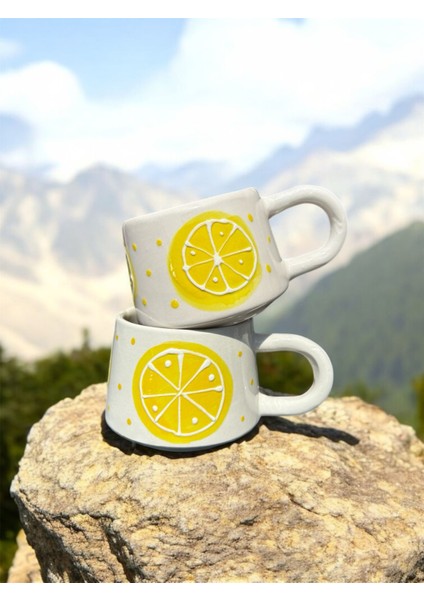 El Yapımı Limon Desenli 2'li Seramik Kupa