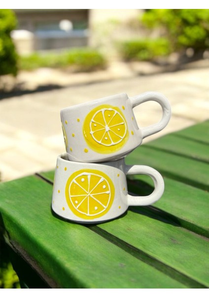 El Yapımı Limon Desenli 2'li Seramik Kupa