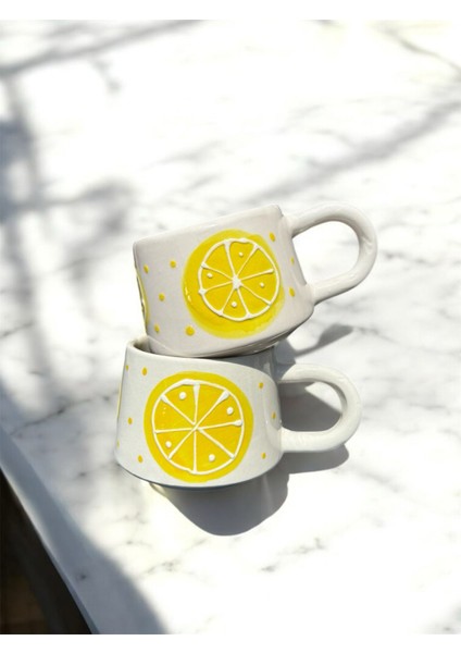 El Yapımı Limon Desenli 2'li Seramik Kupa