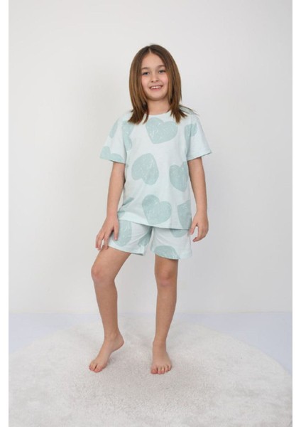 Isob Mavi Kalp Desenli %100 Pamuk Kız Çocuk Kısa Kollu Şortlu Takım 3-8 Yaş 41201-M