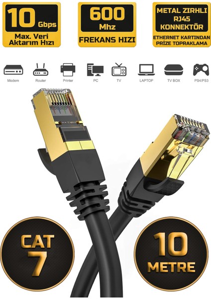 Cat 7 Ethernet Kablosu 10 Gigabit/s 600 Mhz Premium Metal Zırhlı RJ45 Konnektör