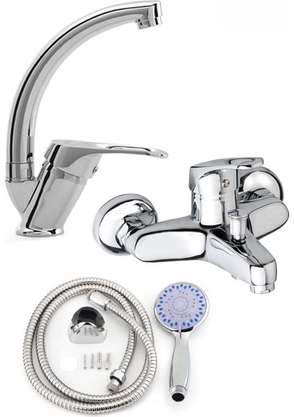 Srdc Krom Batarya Seti Lavabo ve Banyo Musluğu Üçlü Takım