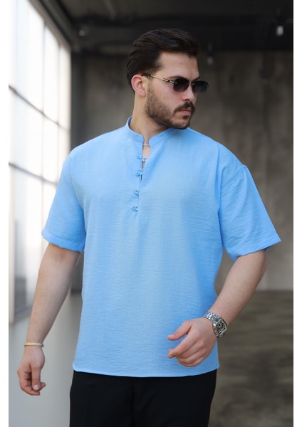 Wes Oversize Yarım Pat Bambu Kısa kol Gömlek - Açık Mavi