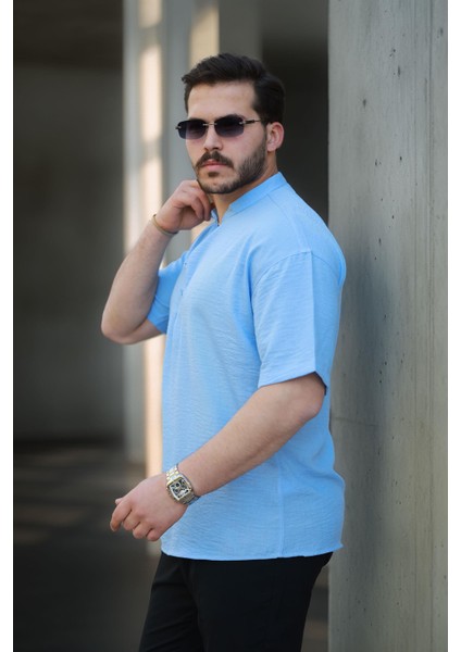 Wes Oversize Yarım Pat Bambu Kısa kol Gömlek - Açık Mavi modelleri