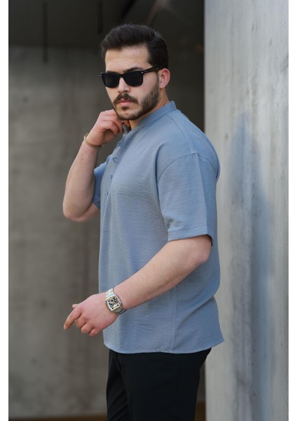 Wes Oversize Yarım Pat Bambu Kısa kol Gömlek - Koyu Gri modelleri