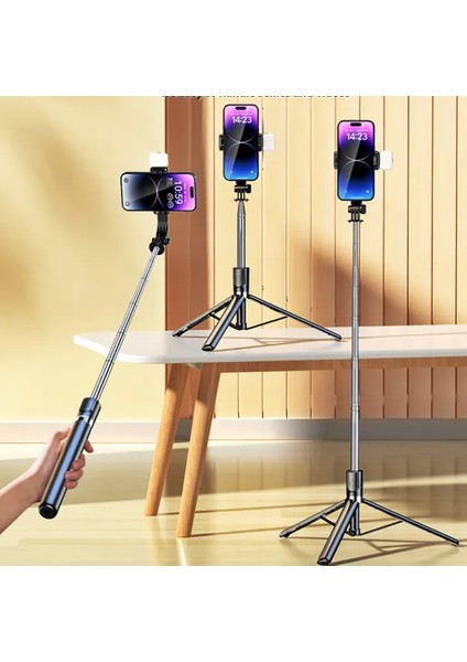 Selfie Çubuğu Bluetooth Kumandalı Kablosuz 170CM Çok Fonksiyonlu Işıklı Tripod R1S-L