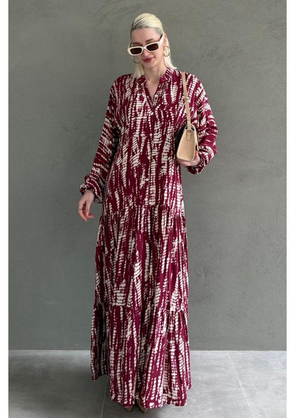Bordo Desenli Önü Düğmeli Uzun Kollu Elbise MG2398 fiyatları