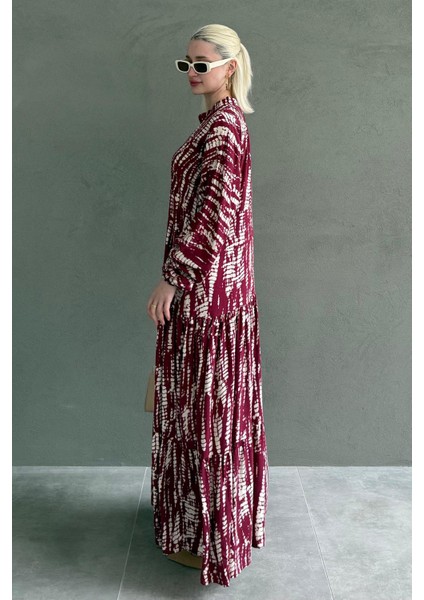 Bordo Desenli Önü Düğmeli Uzun Kollu Elbise MG2398 modelleri