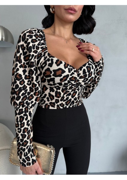 Kadın Leopar Desenli Glop Detaylı Bluz