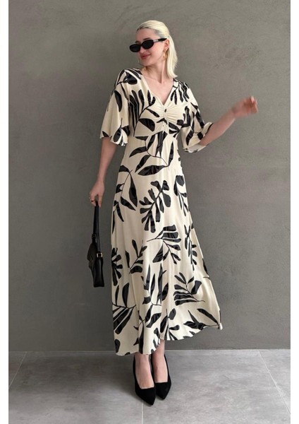 Ekru Desenli Yarım Kollu Elbise MG2395