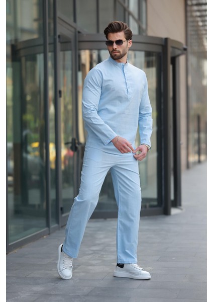 Mavi %100 Pamuk Keten Erkek Gömlek Takım E7310