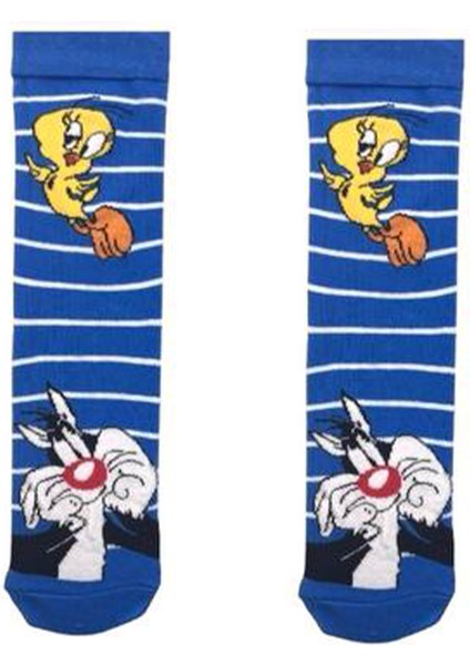 Tweety Mavi Çizgili Soket Çorap