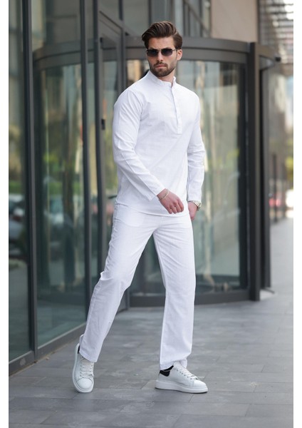 Beyaz %100 Pamuk Keten Erkek Gömlek Takım E7310