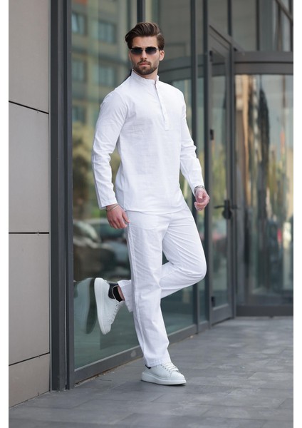 Beyaz %100 Pamuk Keten Erkek Gömlek Takım E7310 fiyatları