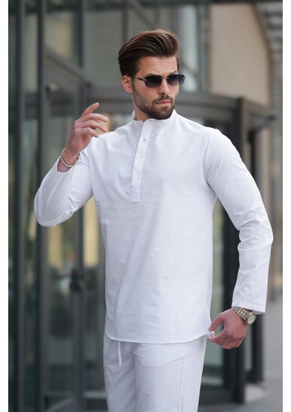 Beyaz %100 Pamuk Keten Erkek Gömlek Takım E7310 modelleri