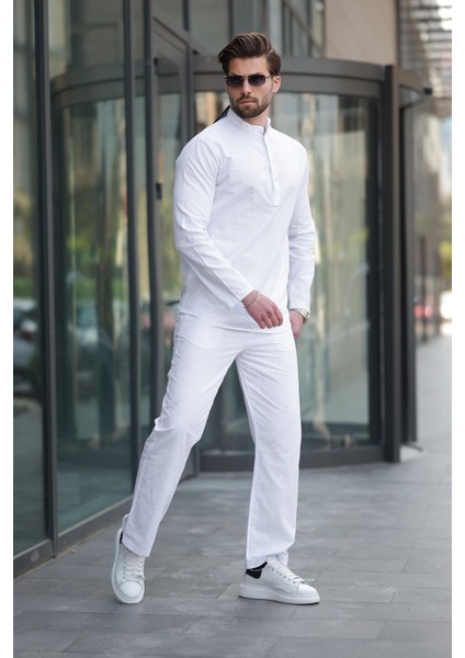 Beyaz %100 Pamuk Keten Erkek Gömlek Takım E7310 fırsatları