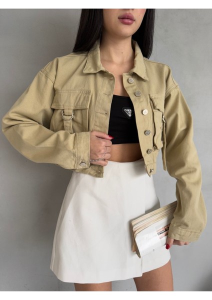 Kadın Kargo Cep Detaylı Oversize Crop Denim Ceket