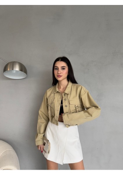 Kadın Kargo Cep Detaylı Oversize Crop Denim Ceket indirimleri