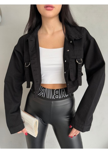Kadın Kargo Cep Detaylı Oversize Crop Denim Ceket