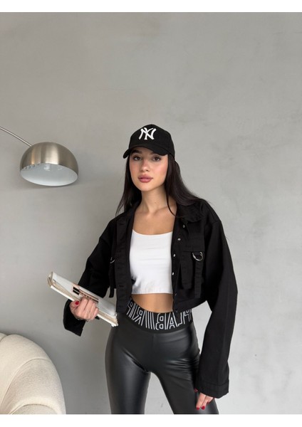 Kadın Kargo Cep Detaylı Oversize Crop Denim Ceket modelleri
