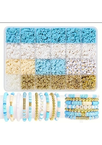 Mavi Beyaz Fimo Boncuk Harf Boncuk ve Ara Aparat Takı Yapım Seti Hobi Malzemeleri 5