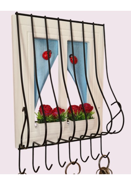 21X16CM Dekoratif Ahşap Pencere Modelli, Çiçek Saksılı, Uğur Böcekli, Duvar Anahtarlığı