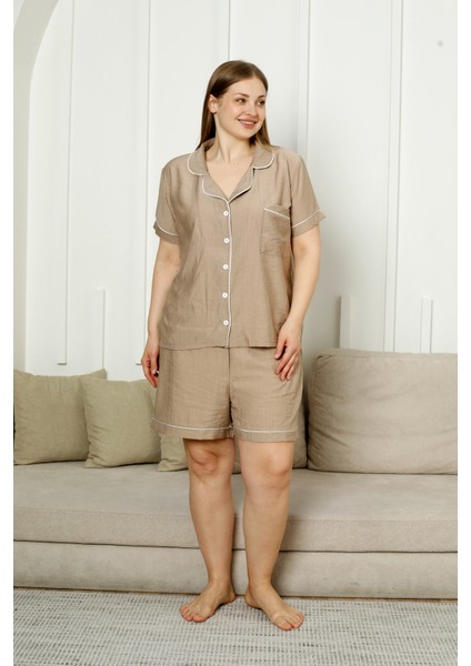 Büyük Beden Kısa Kollu Dokuma Gömlek Pijama Takımı- Geniş Beden Aralığı - fiyatları