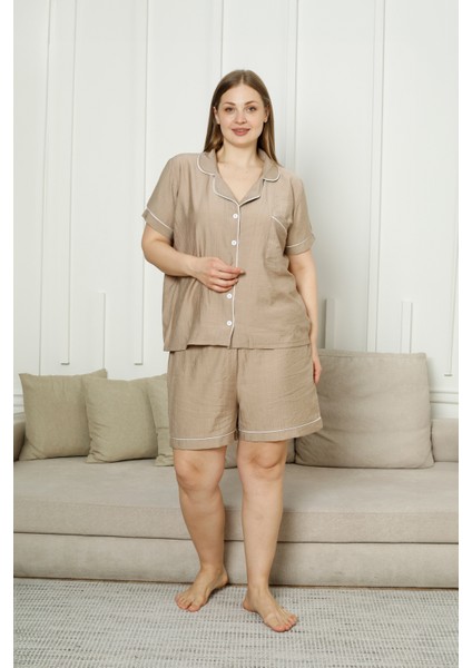 Büyük Beden Kısa Kollu Dokuma Gömlek Pijama Takımı- Geniş Beden Aralığı - modelleri