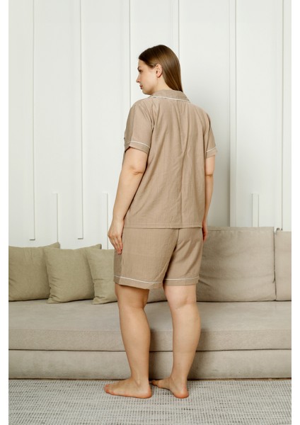 Büyük Beden Kısa Kollu Dokuma Gömlek Pijama Takımı- Geniş Beden Aralığı - fırsatları
