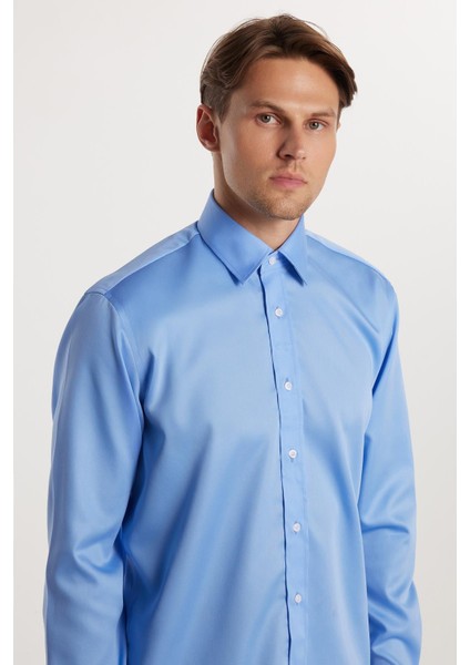 Regular Fit Mavi Non-Iron %100 Pamuk Doğa Dostu Ekoteks Belgeli Ütü Gerektirmez Gömlek