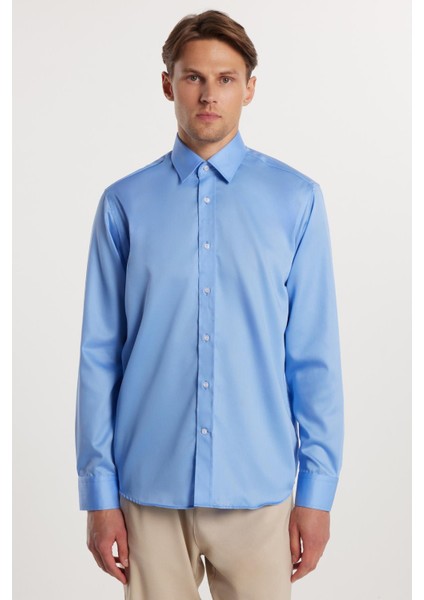 Regular Fit Mavi Non-Iron %100 Pamuk Doğa Dostu Ekoteks Belgeli Ütü Gerektirmez Gömlek