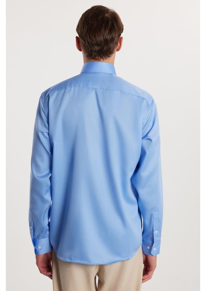 Regular Fit Mavi Non-Iron %100 Pamuk Doğa Dostu Ekoteks Belgeli Ütü Gerektirmez Gömlek