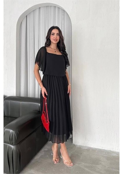 Dipmoda Kadın Siyah Pileli Midi Boy Şifon Elbise DPK4102