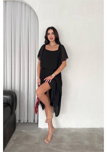 Dipmoda Kadın Siyah Pileli Midi Boy Şifon Elbise DPK4102 fiyatları