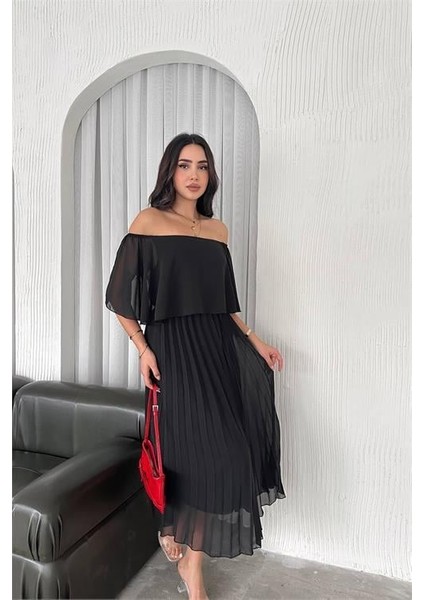 Dipmoda Kadın Siyah Pileli Midi Boy Şifon Elbise DPK4102 modelleri