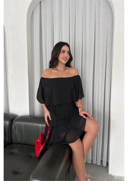 Dipmoda Kadın Siyah Pileli Midi Boy Şifon Elbise DPK4102 fırsatları