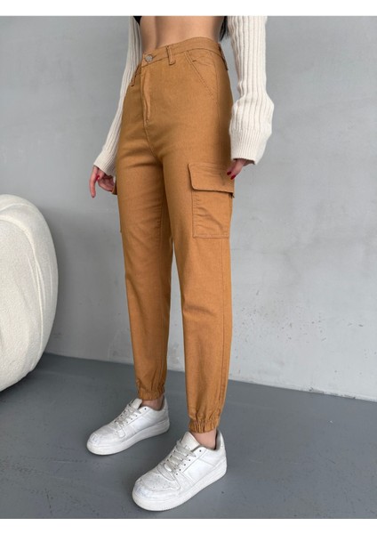 Kadın Yüksek Bel Paçası Lastikli Jogger Kargo Cep Pantolon