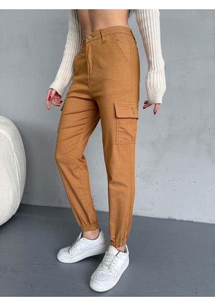 Kadın Yüksek Bel Paçası Lastikli Jogger Kargo Cep Pantolon fiyatları