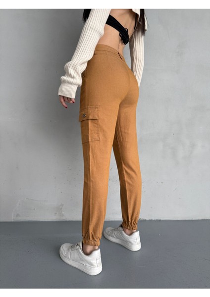 Kadın Yüksek Bel Paçası Lastikli Jogger Kargo Cep Pantolon fırsatları