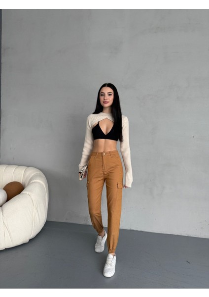 Kadın Yüksek Bel Paçası Lastikli Jogger Kargo Cep Pantolon indirimleri
