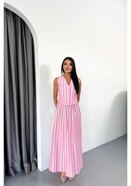 Keten Çizgili Yelek - Uzun Etek Takım - Pembe