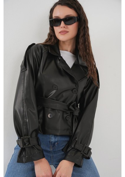 Kemerli Siyah Suni Deri Ceket 0698 modelleri