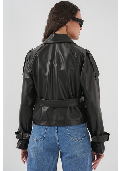Kemerli Siyah Suni Deri Ceket 0698 fırsatları