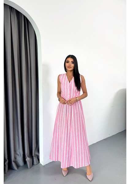 Keten Çizgili Yelek - Uzun Etek Takım - Pembe