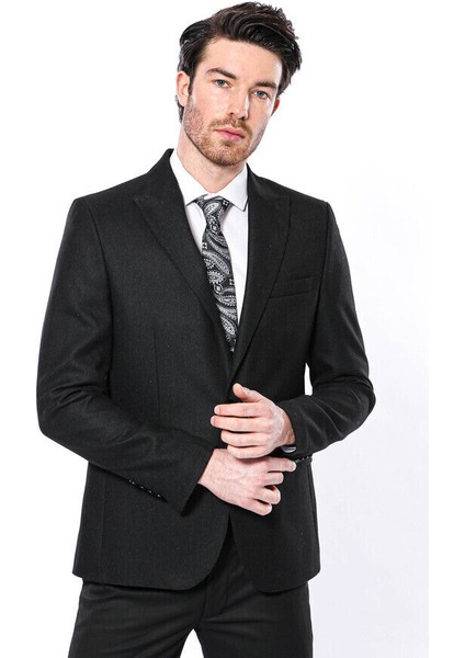 Sivri Yaka Tek Düğme Siyah Slim Fit Ceket | Wessi