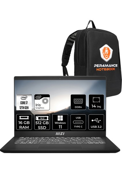 Msı Modern 14 Intel Core I7 1255U 16GB 512GB SSD 14" Fhd Windows 11 Home Taşınabilir Bilgisayar & Per4 Çanta C12MO1039XTRP307