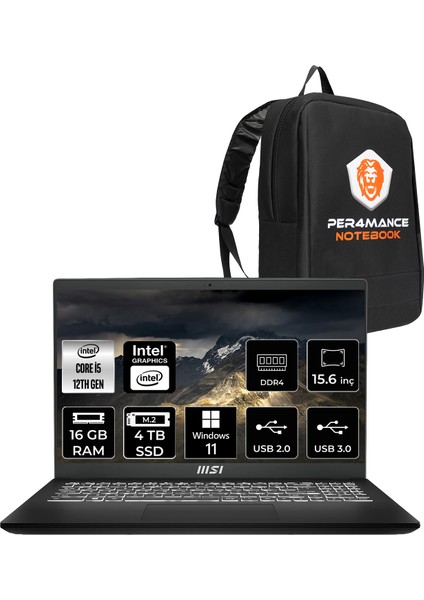 Msı Modern 15 Intel Core I5 1235U 16GB 4tb SSD 15.6" Fhd Windows 11 Home Taşınabilir Bilgisayar & Per4 Çanta B12MO676XTRP310